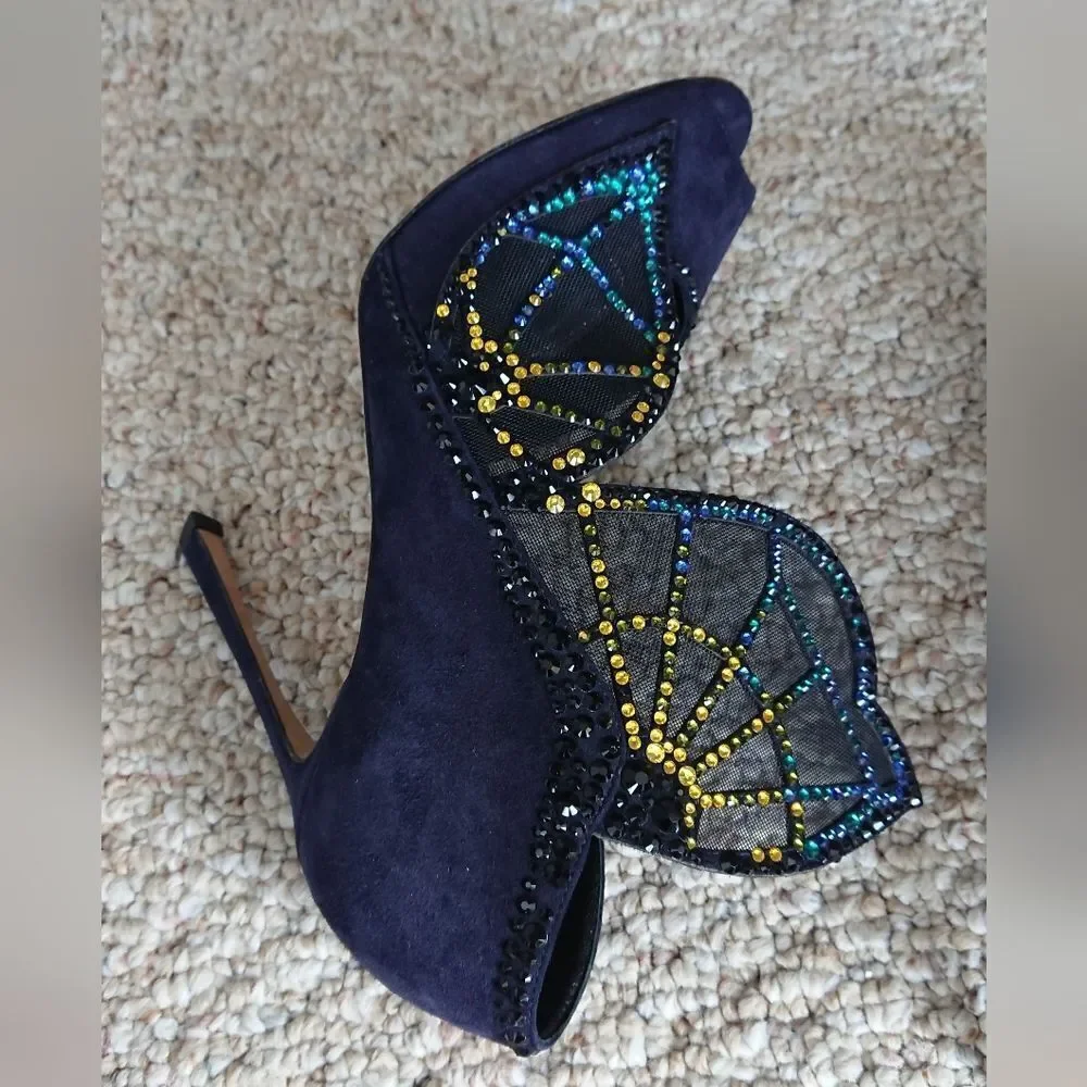 Sergio Rossi Poetic Surrealism night blue butterfly suede heels size 6.5